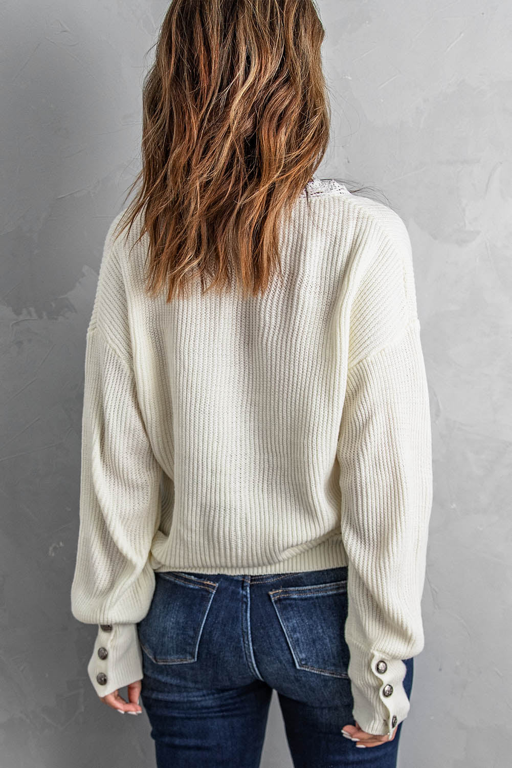 Lace Trim V-Neck Button Cuff Rib-Knit Sweater - Pahabu - Women's Clothing & Shop