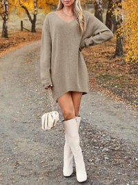 V-Neck Dropped Shoulder Sweater Dress - Pahabu - Women's Clothing & Shop