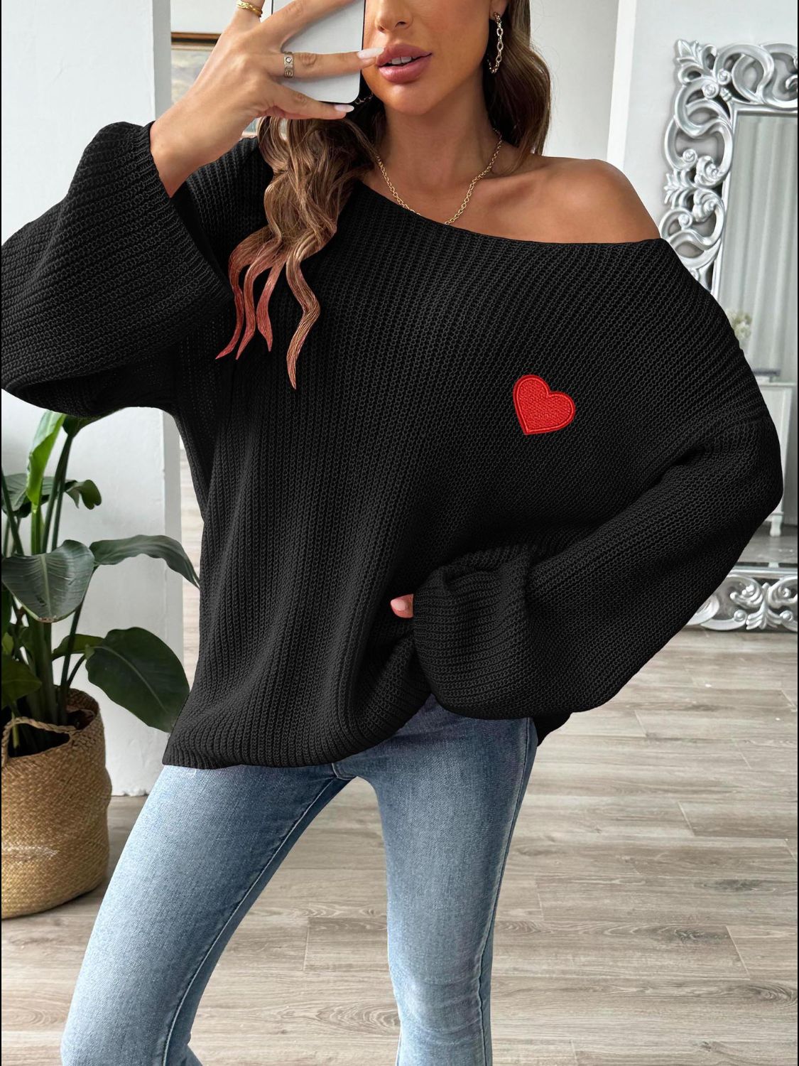 Heart Boat Neck Dropped Shoulder Sweater - Pahabu - Women's Clothing & Shop