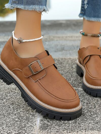 PU Leather Round Toe Buckle Loafers - Pahabu - Women's Clothing & Shop