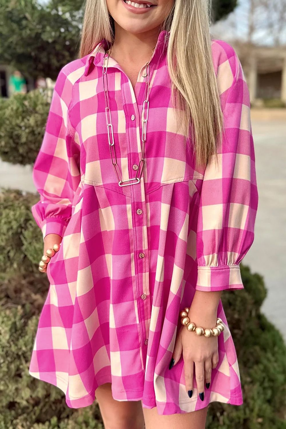 Ruched Plaid Three-Quarter Sleeve Shirt Dress - Pahabu - Women's Clothing & Shop