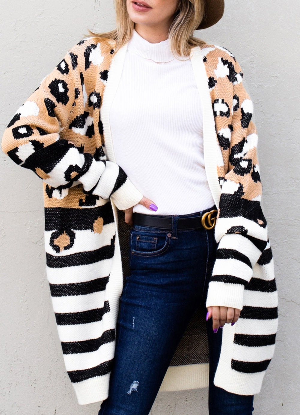 Striped Open Front Longline Cardigan - Pahabu - Women's Clothing & Shop