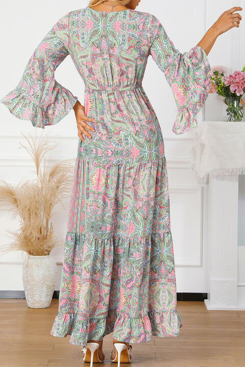 Printed Tassel Tie V-Neck Tiered Dress - Pahabu - Women's Clothing & Shop
