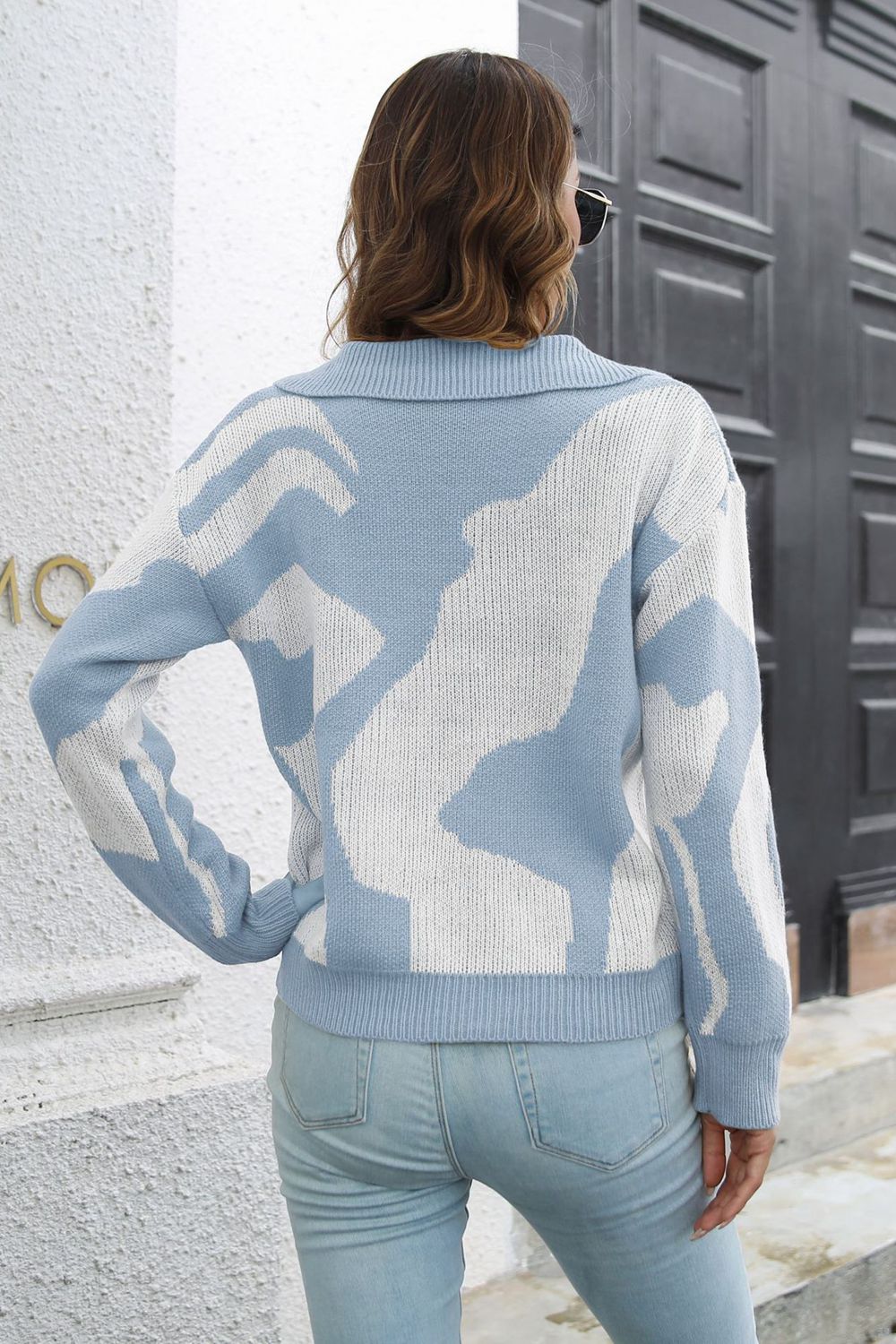 Two-Tone Johnny Collar Dropped Shoulder Pullover Sweater - Pahabu - Women's Clothing & Shop