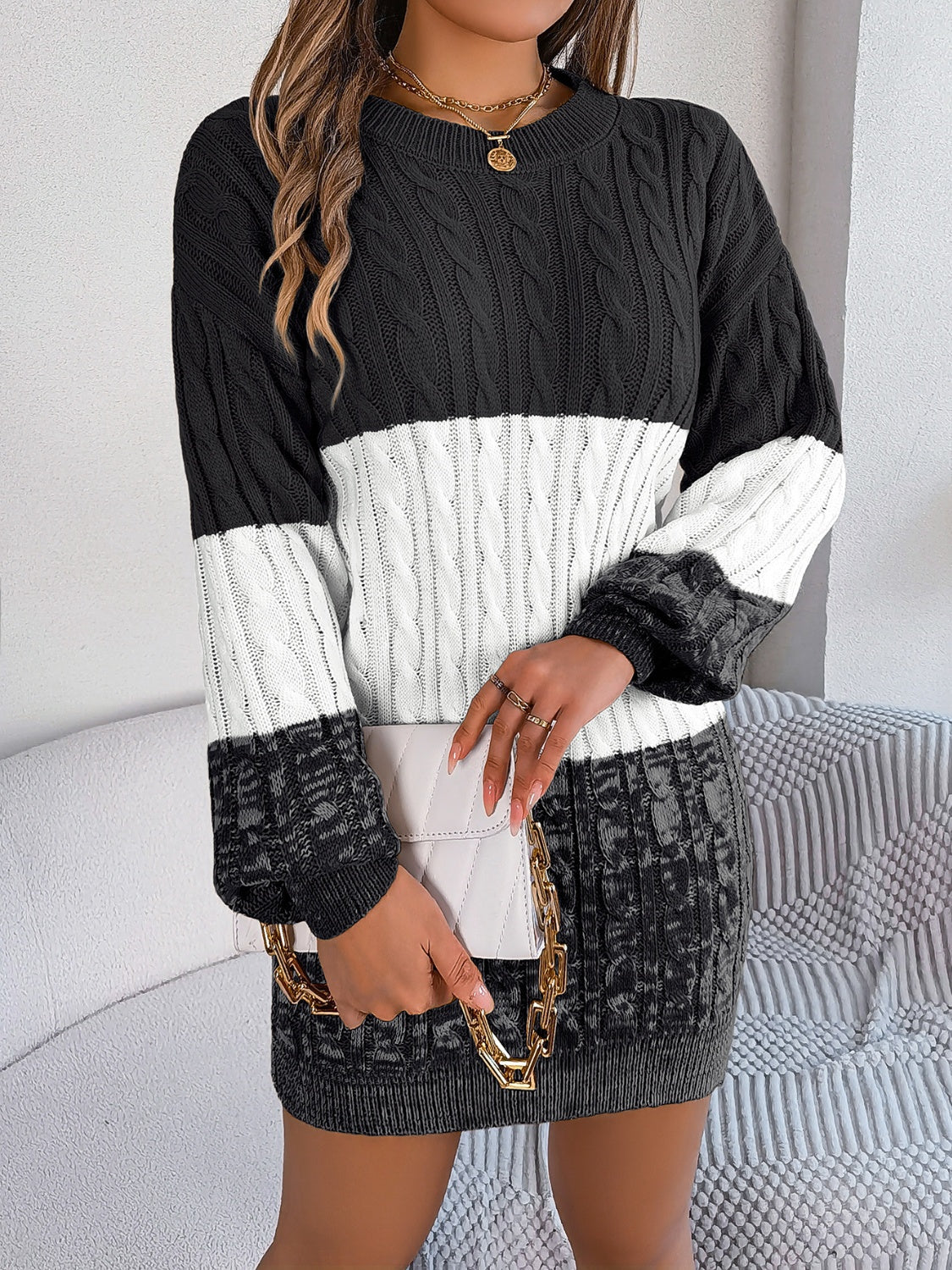 Cable-Knit Round Neck Color Block Sweater Dress - Pahabu - Women's Clothing & Shop