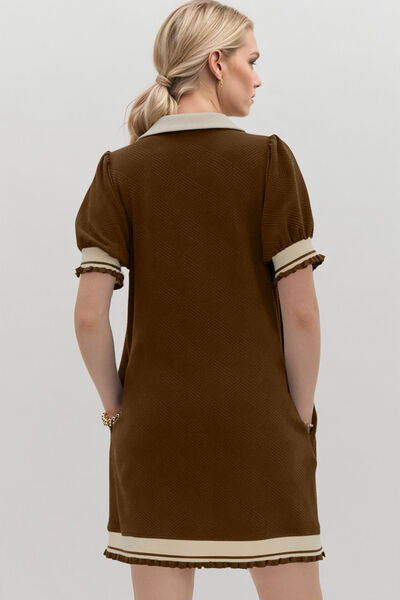 Oh Frill Contrast Trim Johnny Collar Short Sleeve Mini Dress - Pahabu - Women's Clothing & Shop