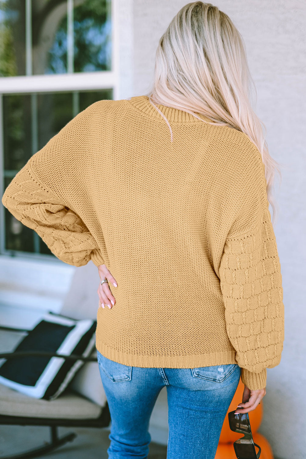 Round Neck Dropped Shoulder Waffle-Knit Sweater - Pahabu - Women's Clothing & Shop