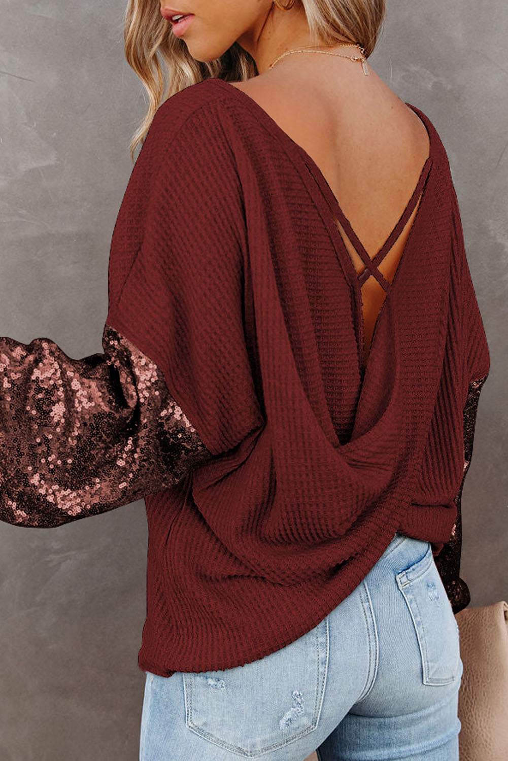 Sequin Waffle-Knit Blouse - Pahabu - Women's Clothing & Shop