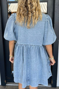 Bowknot Round Neck Half Sleeve Denim Dress - Pahabu - Women's Clothing & Shop