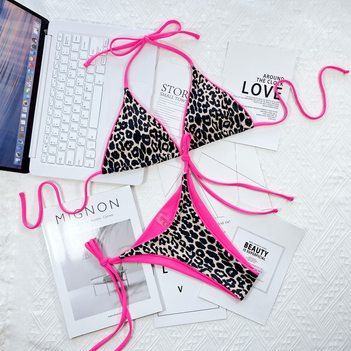 Leopard Print Halter Neck Tie Side Bikini Set - Pahabu - Women's Clothing & Shop