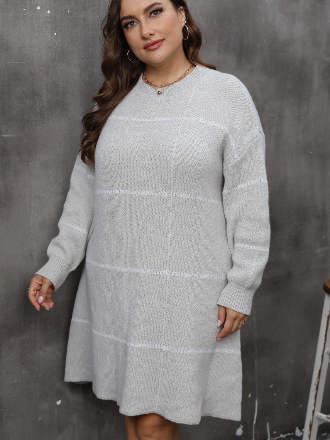Plus Size Round Neck Long Sleeve Sweater Dress - Pahabu - Women's Clothing & Shop