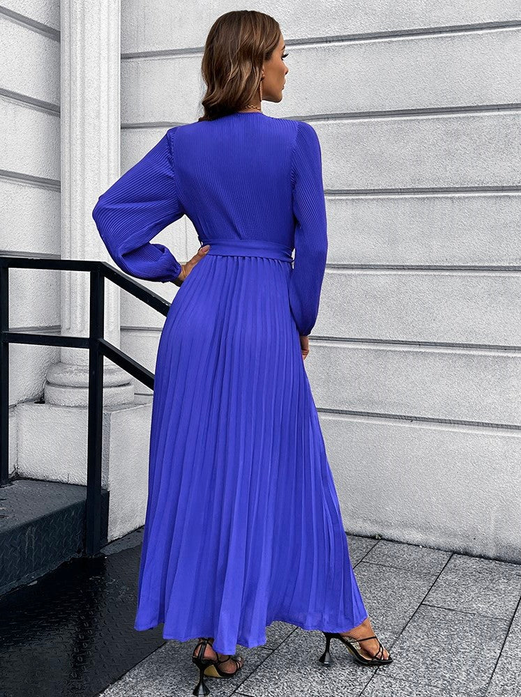 V-Neck Tie Waist Pleated Maxi Dress - Pahabu - Women's Clothing & Shop