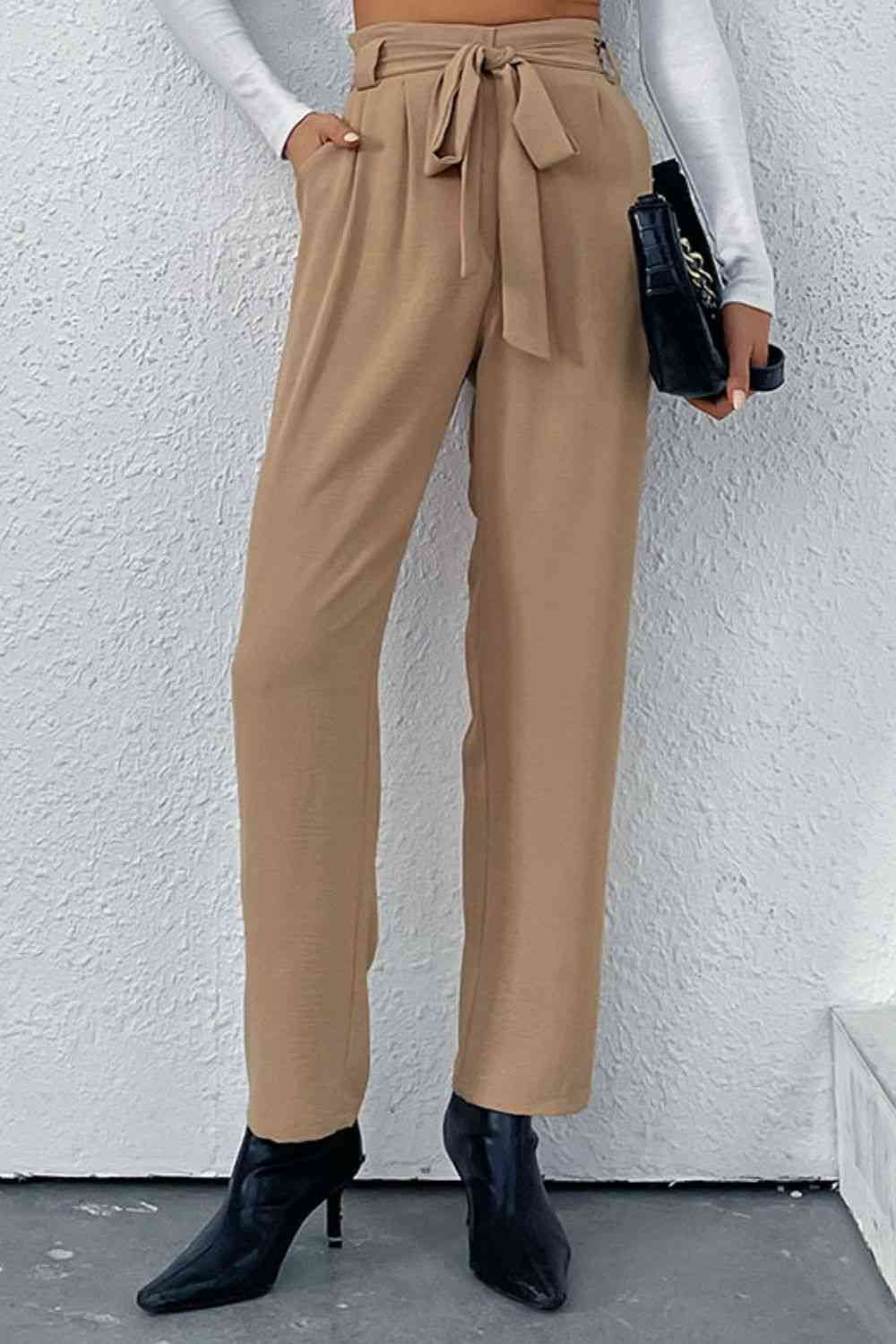 Perfee Belted Straight Leg Pants with Pockets - Pahabu - Women's Clothing & Shop