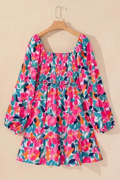 Plus Size Smocked Floral Square Neck Balloon Sleeve Dress - Pahabu - Women's Clothing & Shop