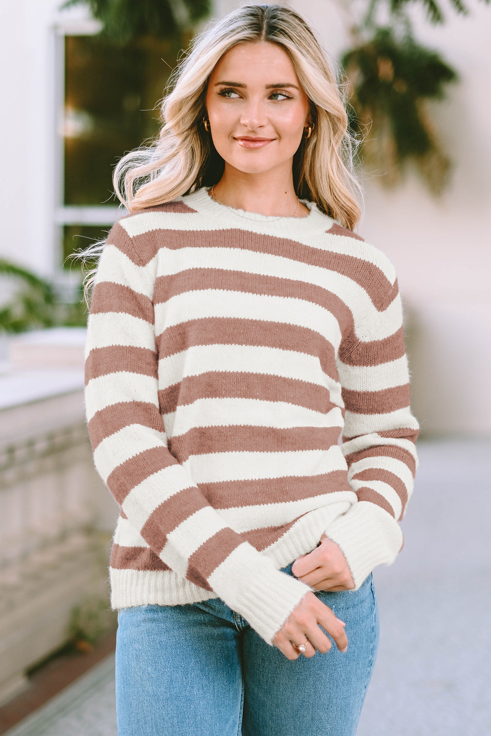 Striped Round Neck Long Sleeve Sweater - Pahabu - Women's Clothing & Shop