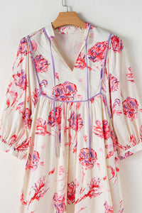 Tied Flower Printed Three-Quarter Sleeve Dress - Pahabu - Women's Clothing & Shop