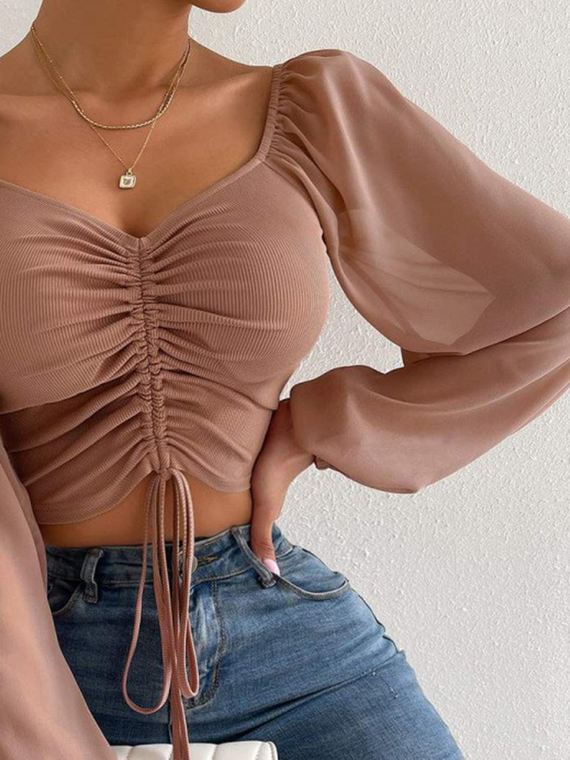 Drawstring Sweetheart Neck Cropped Top - Pahabu - Women's Clothing & Shop