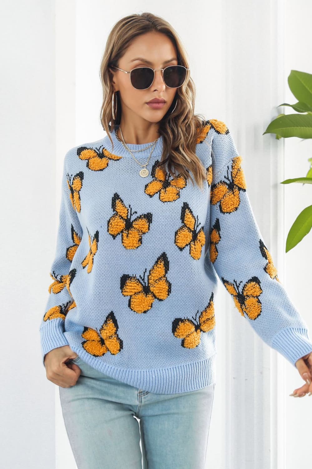Butterfly Pattern Round Neck Dropped Shoulder Sweater - Pahabu - Women's Clothing & Shop