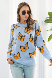 Butterfly Pattern Round Neck Dropped Shoulder Sweater - Pahabu - Women's Clothing & Shop