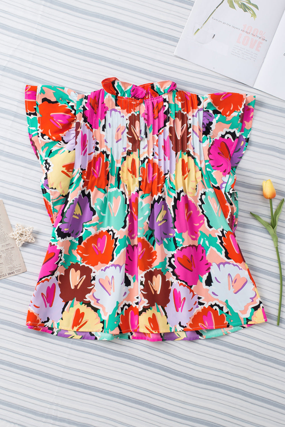 Multicolored Flutter Sleeve Mock Neck Blouse - Pahabu - Women's Clothing & Shop