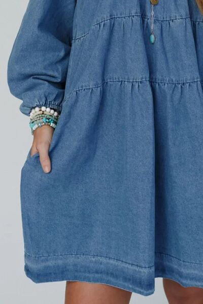 Tied Square Neck Long Sleeve Denim Dress with Pockets - Pahabu - Women's Clothing & Shop