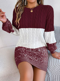 Cable-Knit Round Neck Color Block Sweater Dress - Pahabu - Women's Clothing & Shop