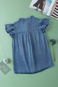 Raw Hem Button Up Cap Sleeve Denim Top - Pahabu - Women's Clothing & Shop