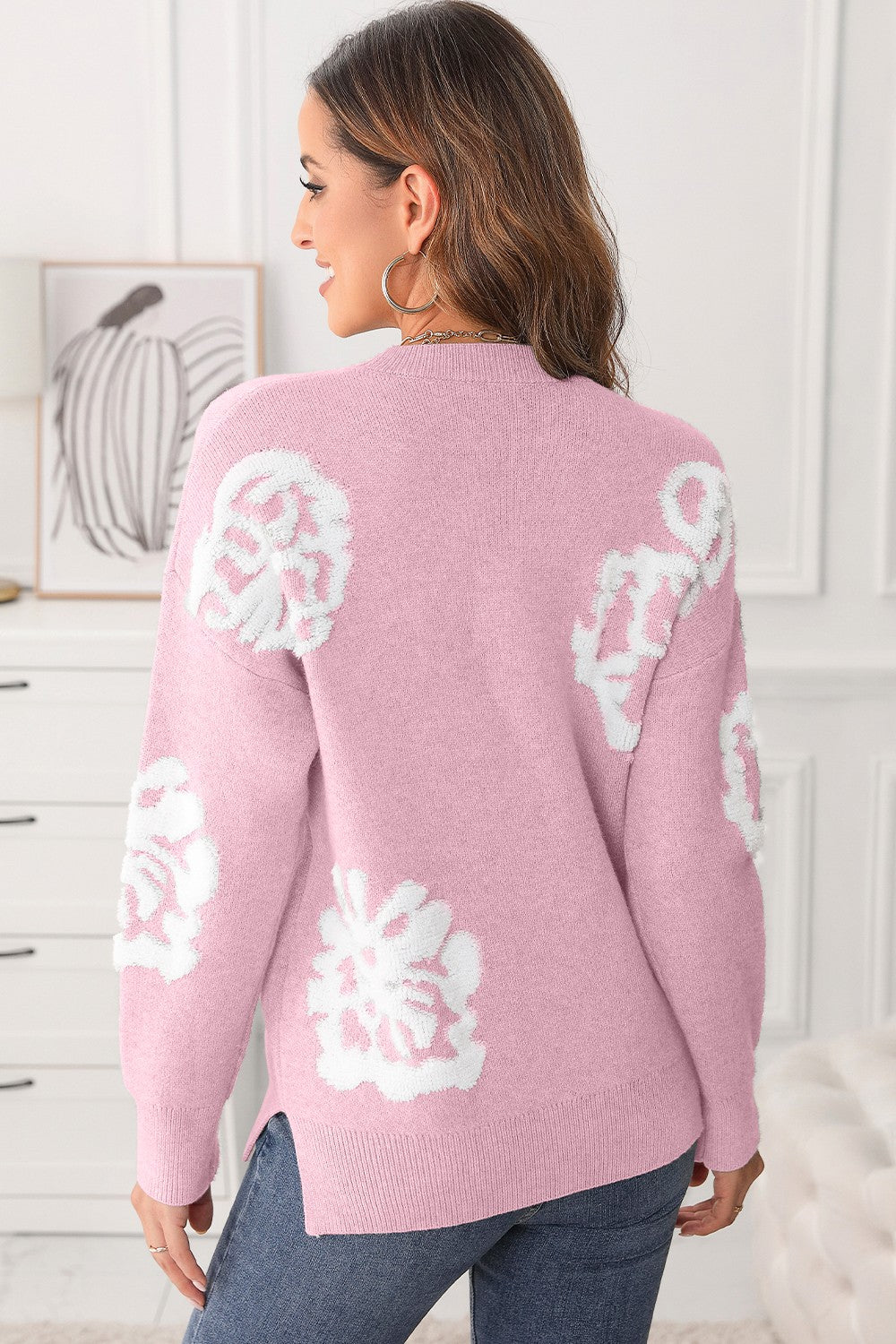 Slit Round Neck Dropped Shoulder Sweater - Pahabu - Women's Clothing & Shop