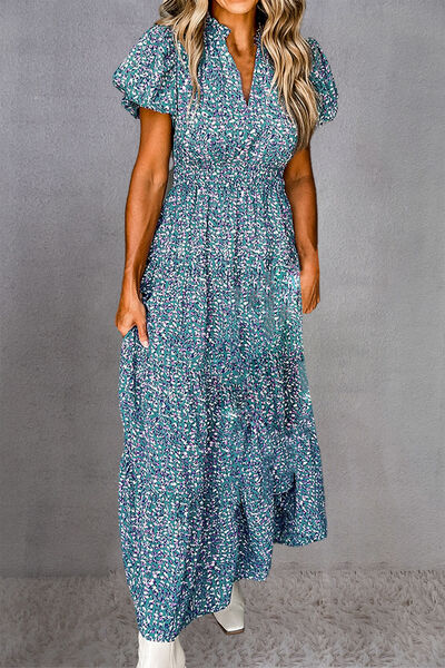 Tiered Printed Notched Short Sleeve Dress - Pahabu - Women's Clothing & Shop