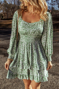 Ruffle Hem Floral Square Neck Long Sleeve Dress - Pahabu - Women's Clothing & Shop