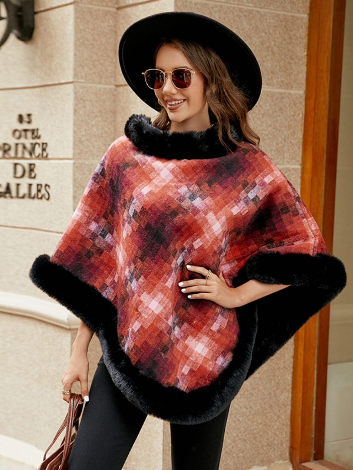 Faux Fur Trim Poncho - Pahabu - Women's Clothing & Shop