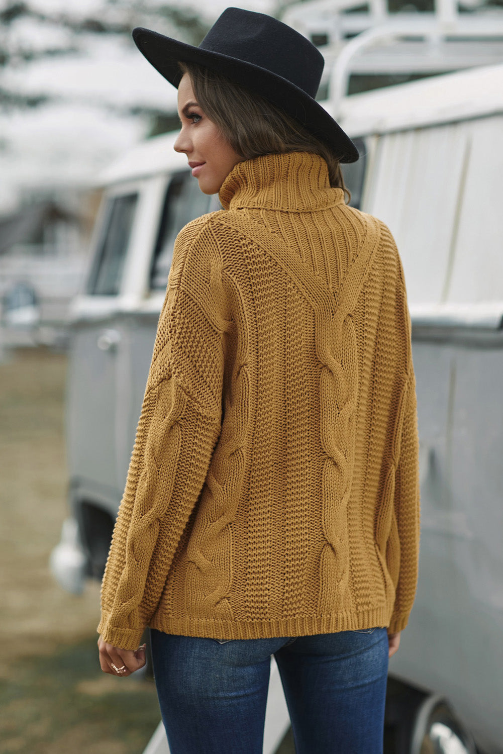 Cable-Knit Turtleneck Dropped Shoulder Sweater - Pahabu - Women's Clothing & Shop