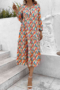 Printed Collared Neck Long Sleeve Dress - Pahabu - Women's Clothing & Shop