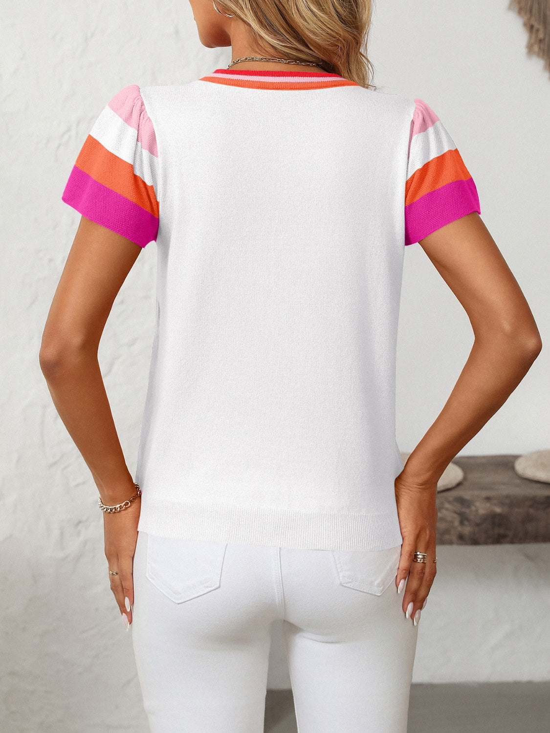 Mandy Contrast Round Neck Short Sleeve Knit Top - Pahabu - Women's Clothing & Shop