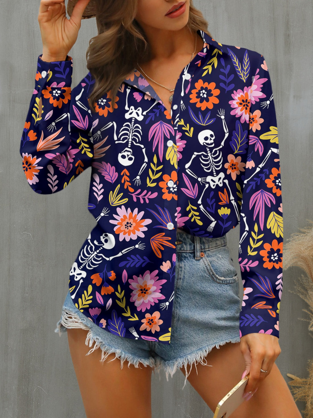 FAM-FAM Buttoned Printed Collared Neck Long Sleeve Shirt - Pahabu - Women's Clothing & Shop