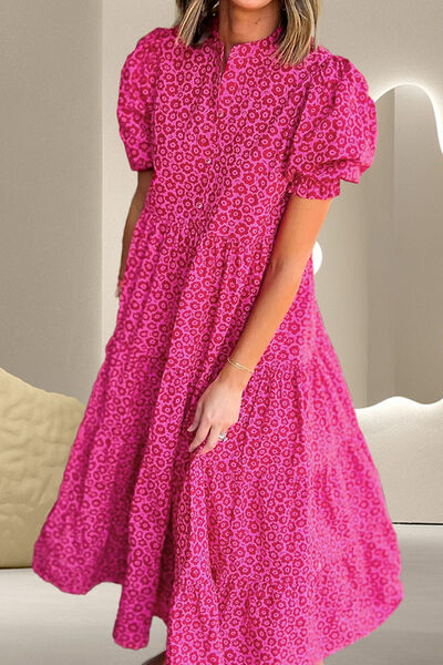 Printed Notched Puff Sleeve Midi Dress - Pahabu - Women's Clothing & Shop