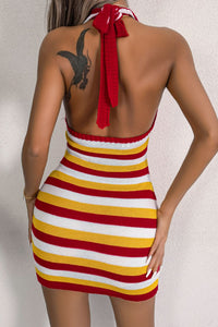 Striped Halter Neck Backless Knit Mini Dress - Pahabu - Women's Clothing & Shop