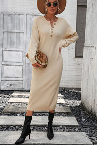 Notched Neck Dropped Shoulder Button-Down Midi Dress - Pahabu - Women's Clothing & Shop