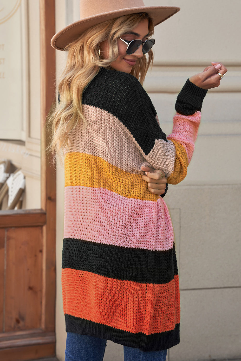 Striped Waffle Knit Open Front Cardigan - Pahabu - Women's Clothing & Shop