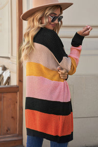 Striped Waffle Knit Open Front Cardigan - Pahabu - Women's Clothing & Shop