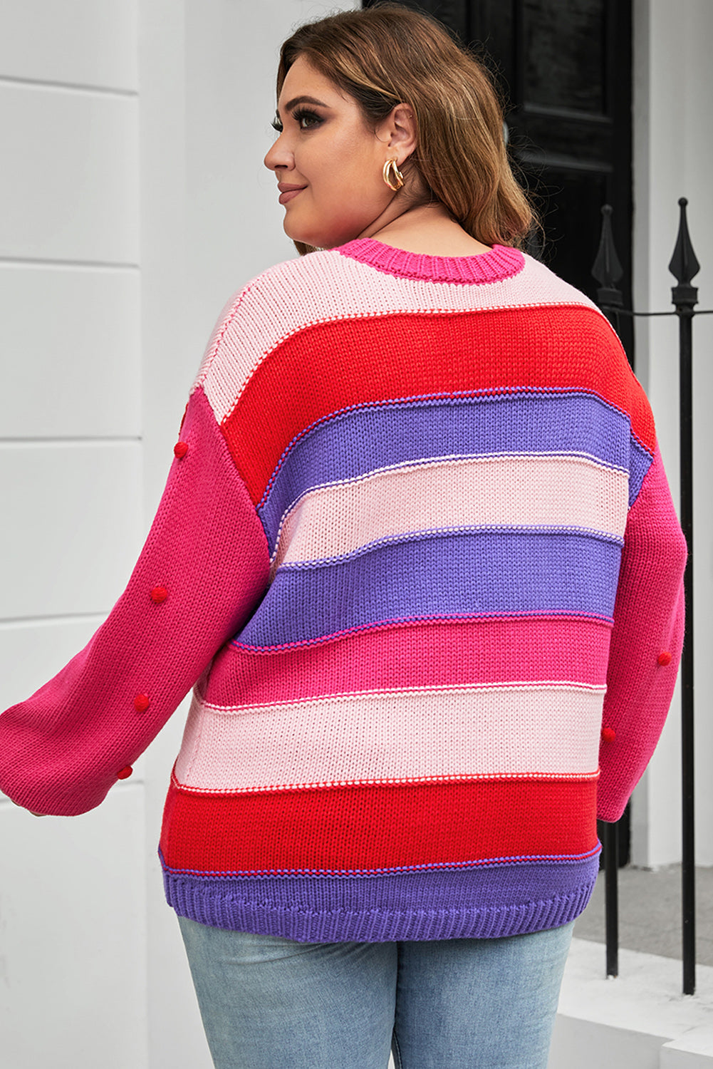 Plus Size Color Block Pom-Pom Trim Sweater - Pahabu - Women's Clothing & Shop