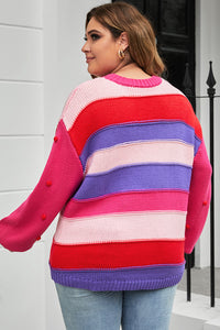 Plus Size Color Block Pom-Pom Trim Sweater - Pahabu - Women's Clothing & Shop
