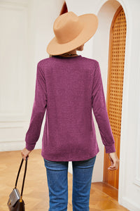 Buttoned Notched Neck Long Sleeve Top - Pahabu - Women's Clothing & Shop