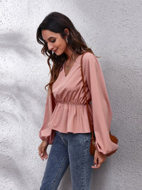 V-Neck Balloon Sleeve Peplum Blouse - Pahabu - Women's Clothing & Shop