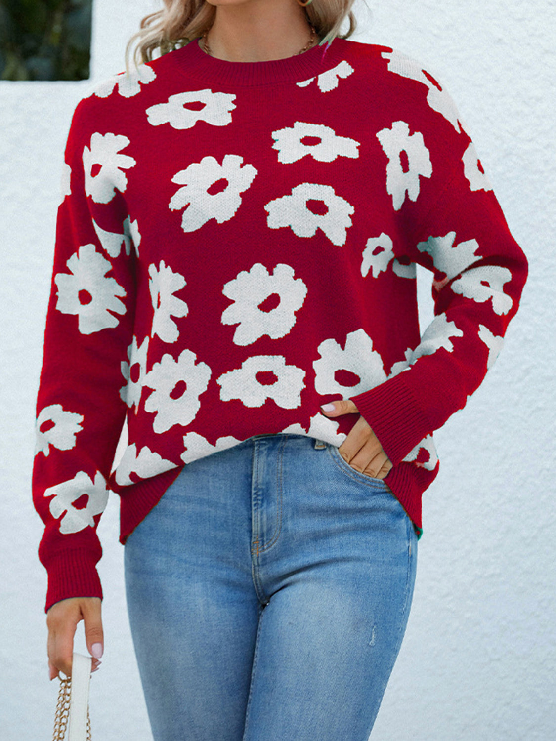 Floral Round Neck Sweater - Pahabu - Women's Clothing & Shop