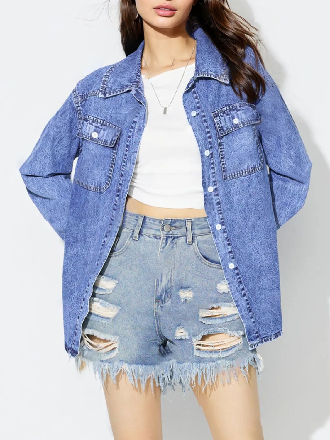 Curved Hem Collared Neck Denim Top - Pahabu - Women's Clothing & Shop