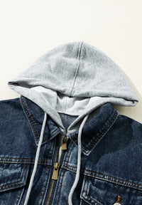 Contrast Zip-Up Hooded Denim Jacket - Pahabu - Women's Clothing & Shop