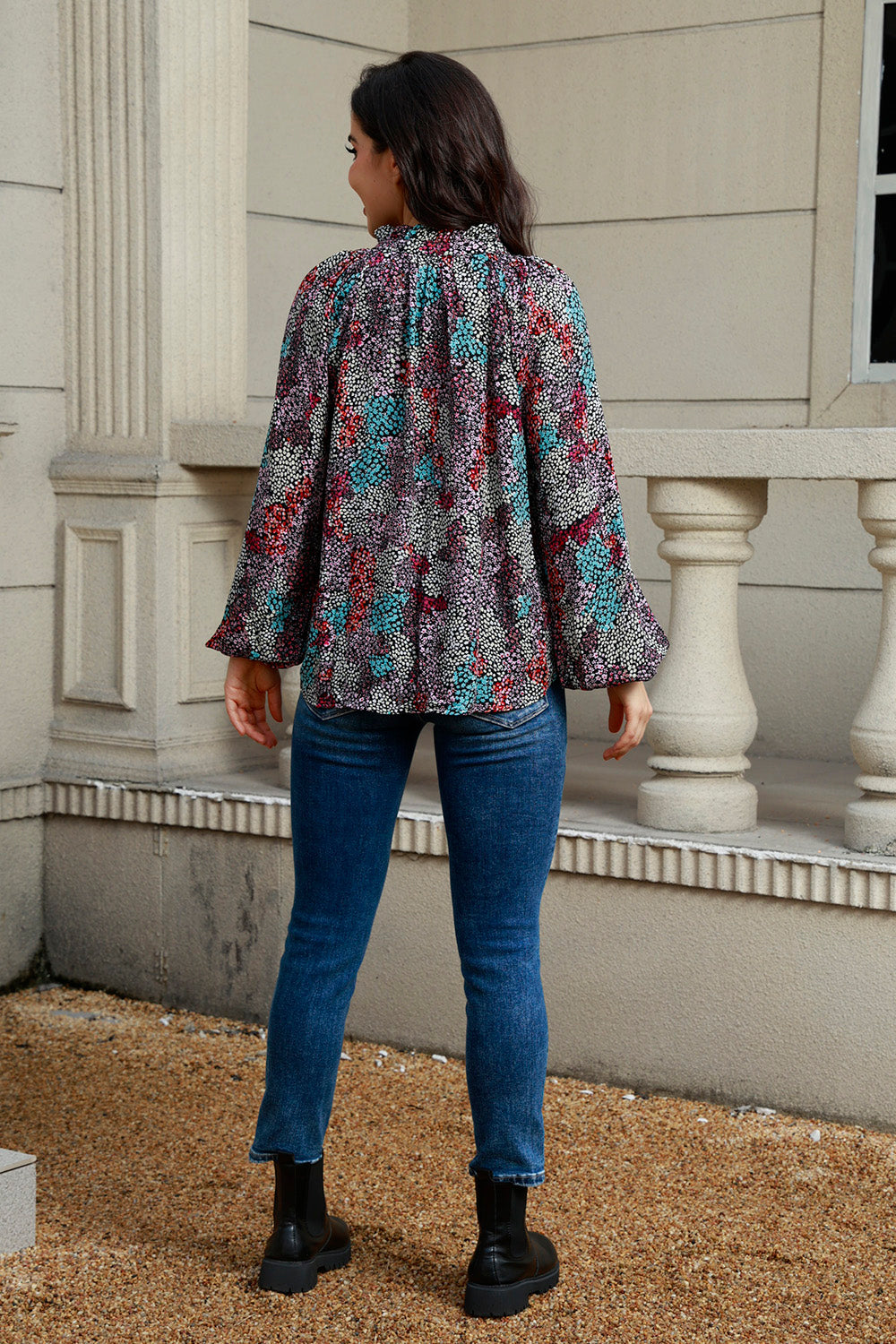 Tie Neck Heathered Balloon Sleeve Blouse - Pahabu - Women's Clothing & Shop