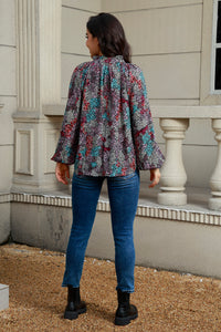 Tie Neck Heathered Balloon Sleeve Blouse - Pahabu - Women's Clothing & Shop