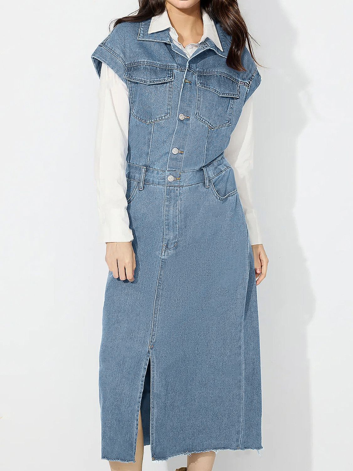Slit Half Button Collared Neck Cap Sleeve Denim Dress - Pahabu - Women's Clothing & Shop